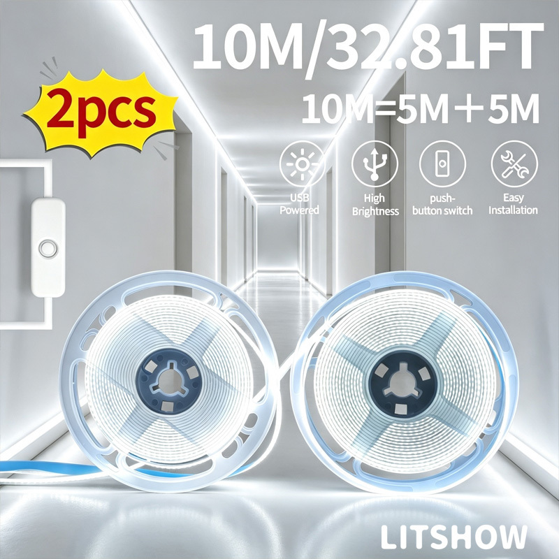 TEMU Usb Cob Led Strip Light 10m, 2-pack Flexible Tape Light With Warm White & Cool White, Dimmable 5v Led Strip Light - Under Cabinet Lighting For