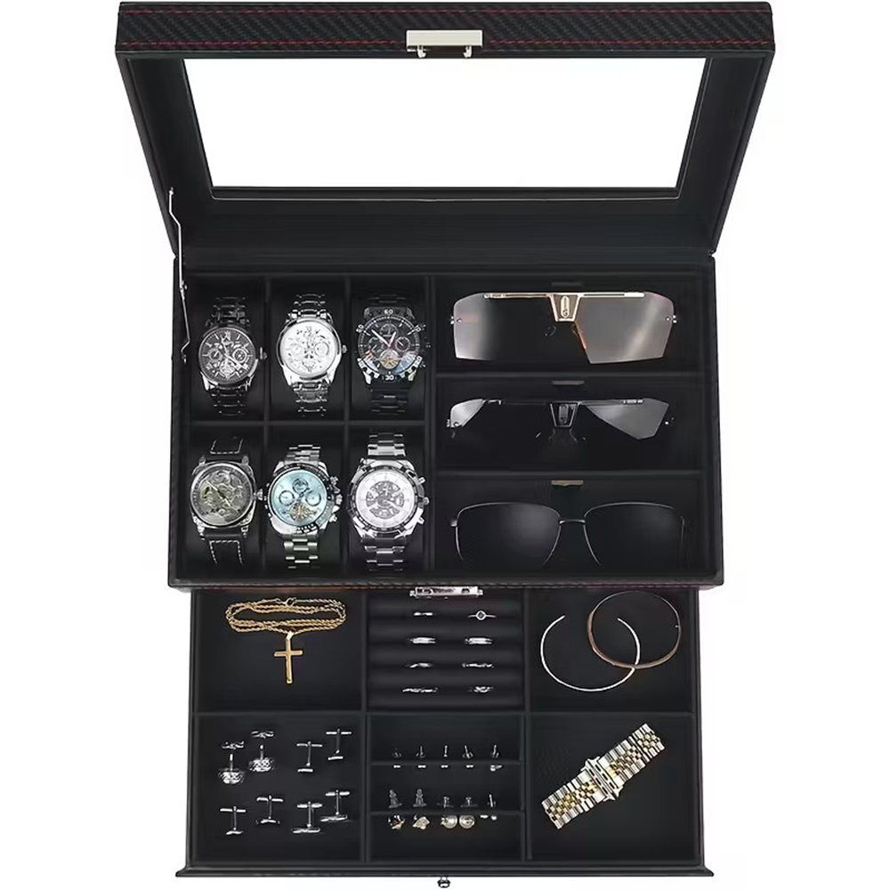 Display Storage Box With Glass Lid And Key Lock, 6 Watch Compartments, 3 Fashion Glasses Compartments, 1 Drawer, Storage Box