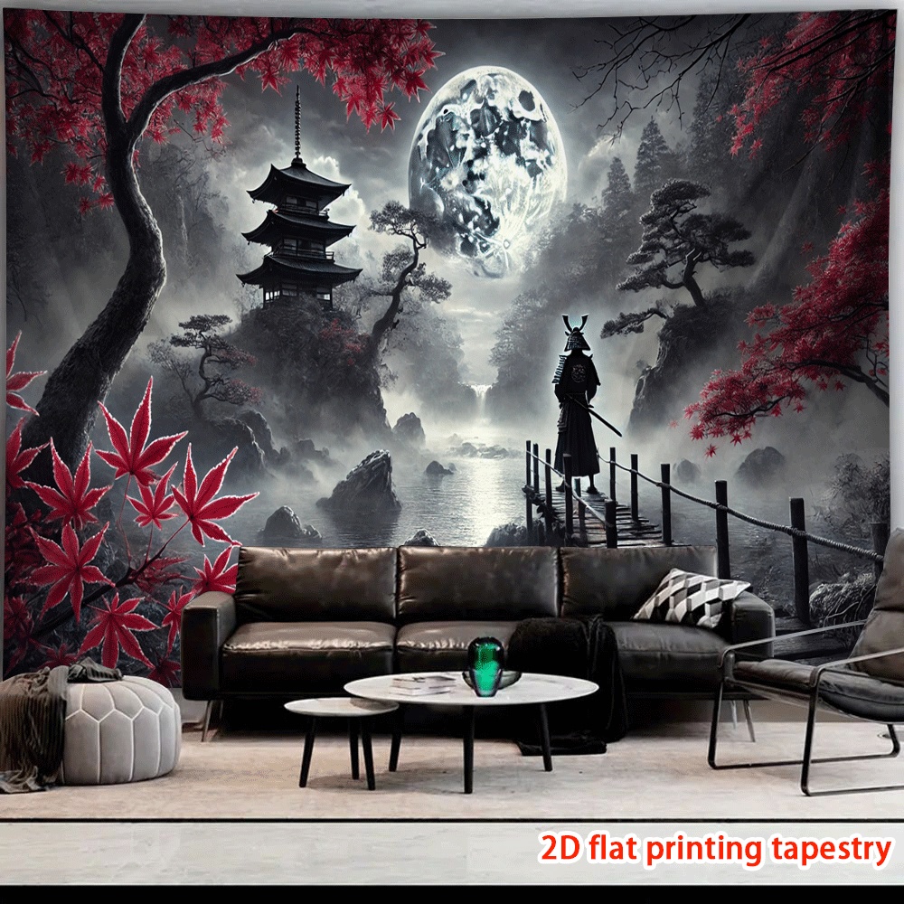 Samurai Under Moon Wall Hanging Tapestry For Living Room Decor_voghion.com