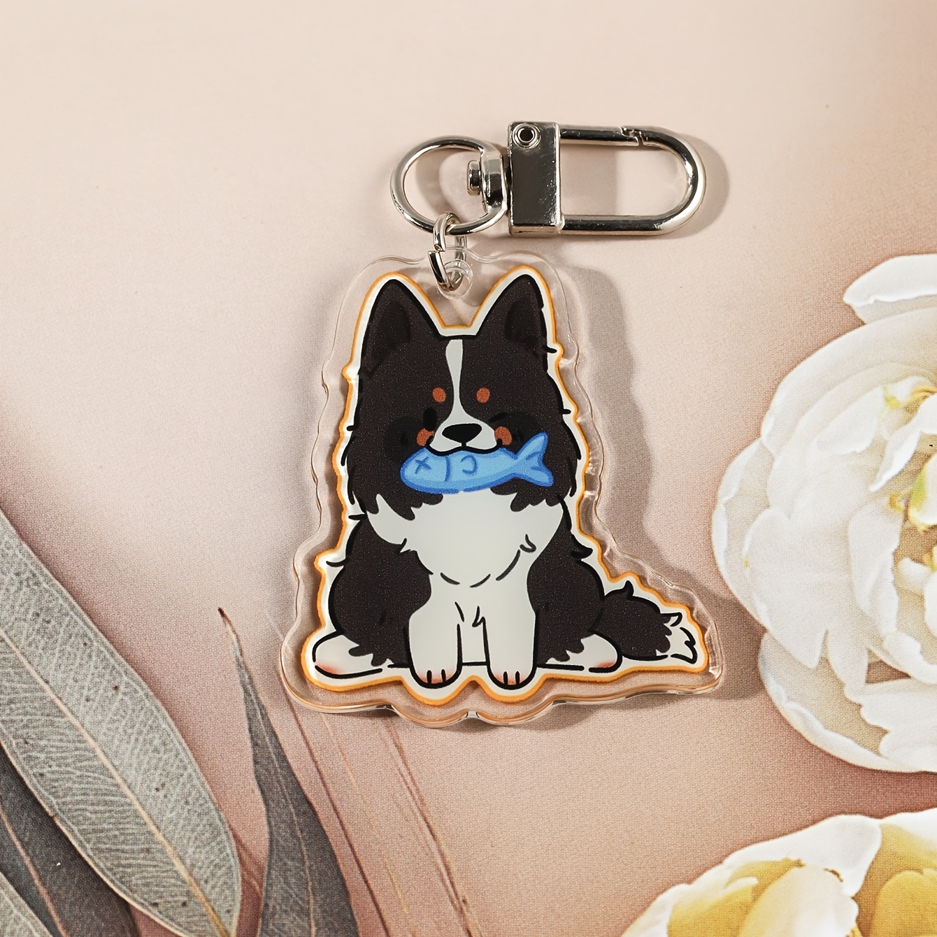 TEMU 2d Flat Cute Border Collie Puppy Keychain - Cute Border Collie Dog Ornament (lying/standing Optional), Acrylic Backpack Additions And Gifts,