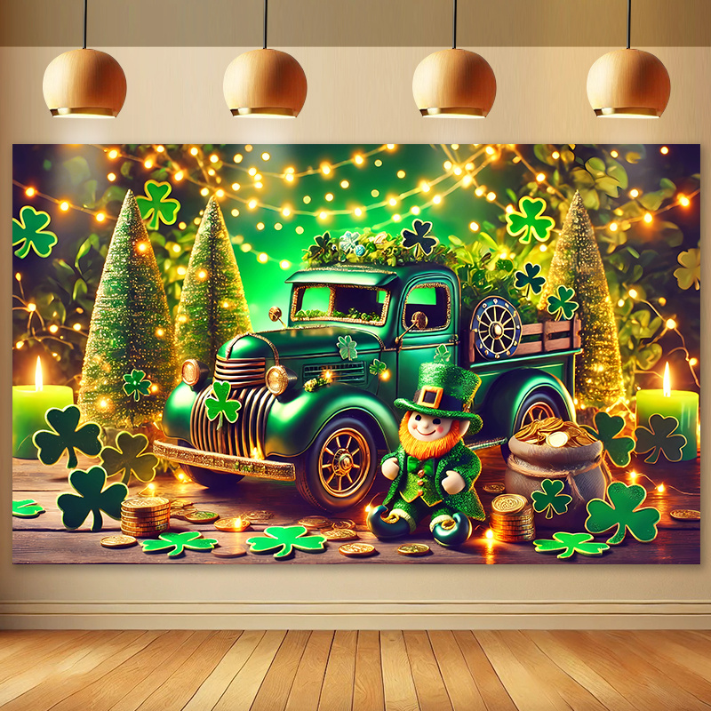 

2d Door Banner, 2d Door Banner 's Day Polyester Backdrop With Vintage Green Truck, , And Shamrock Decorations For Party Decor