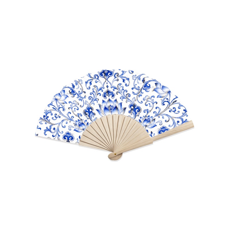 TEMU Elegant Blue And White Porcelain Style Decorative Craft Fan, Intricate For Lotus Floral & Vine Pattern, 1pc With Natural Wood Fan Bone, Classic