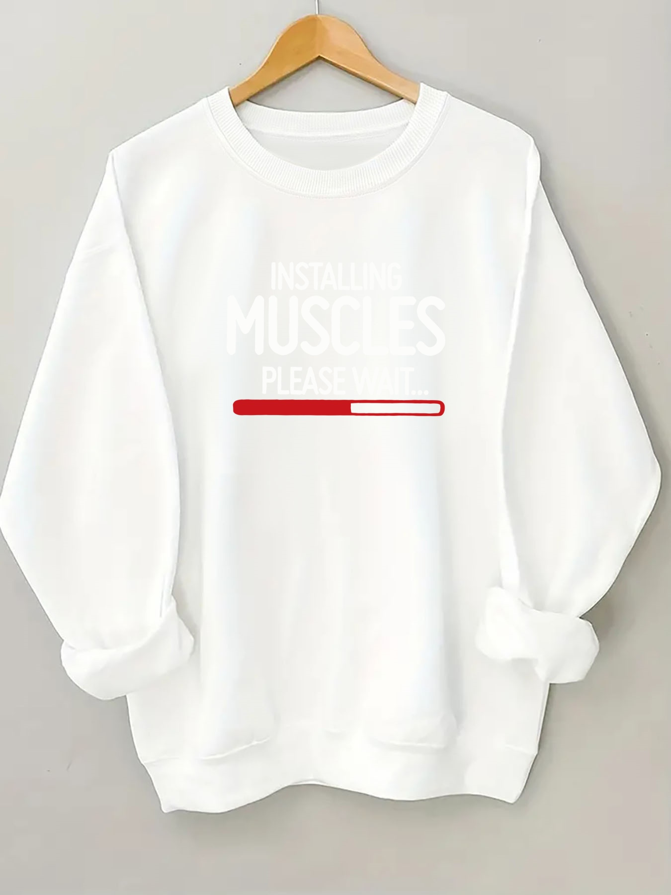sweatshirt de   comprida   para mulher com estampa gráfica instalando músculos,  , aguarde... - pulôver casual de   redonda para   e outono, mistura de poliéster,    , uso casual | estampa   | mistura de poliéster