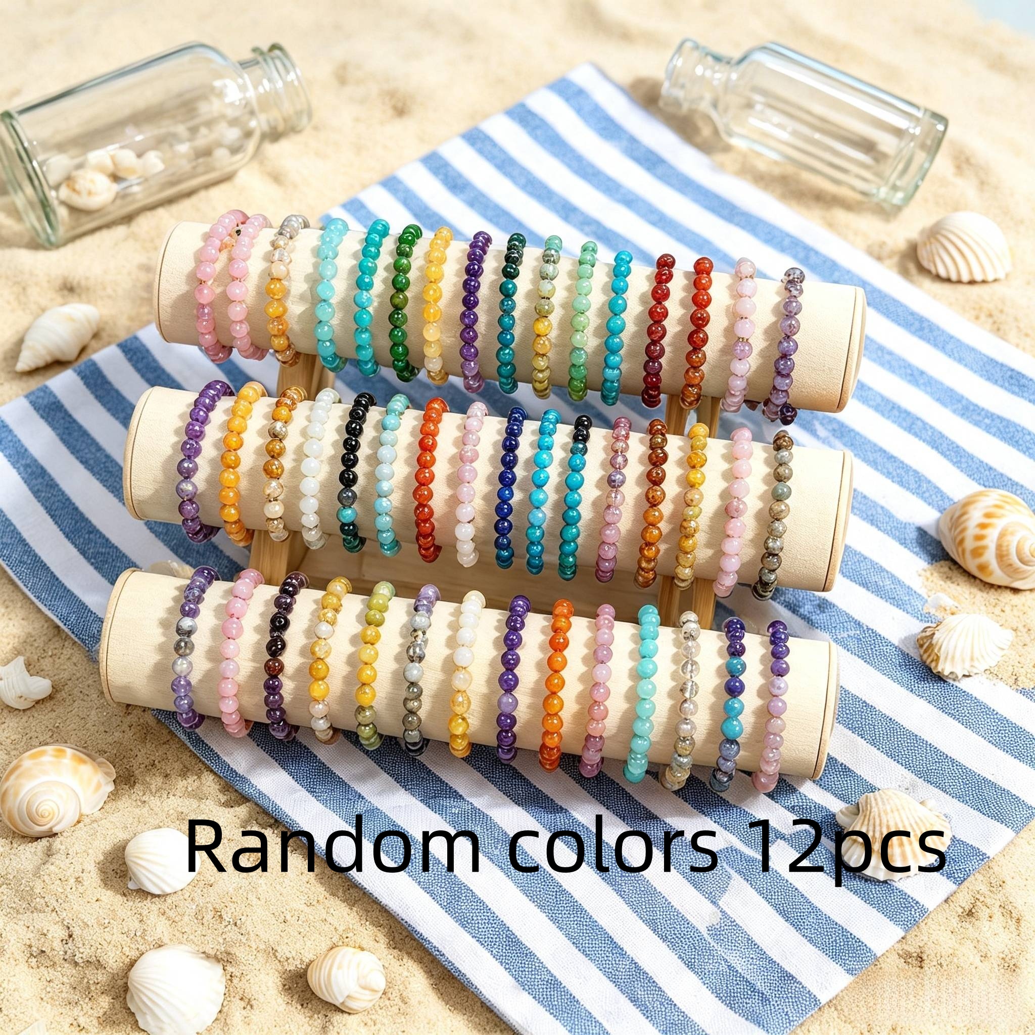 TEMU Random Colors 12pcs Glass Beads Combined Bracelet Set, Suitable For Men And Women, With Multiple Color Combinations, Adjustable Elastic