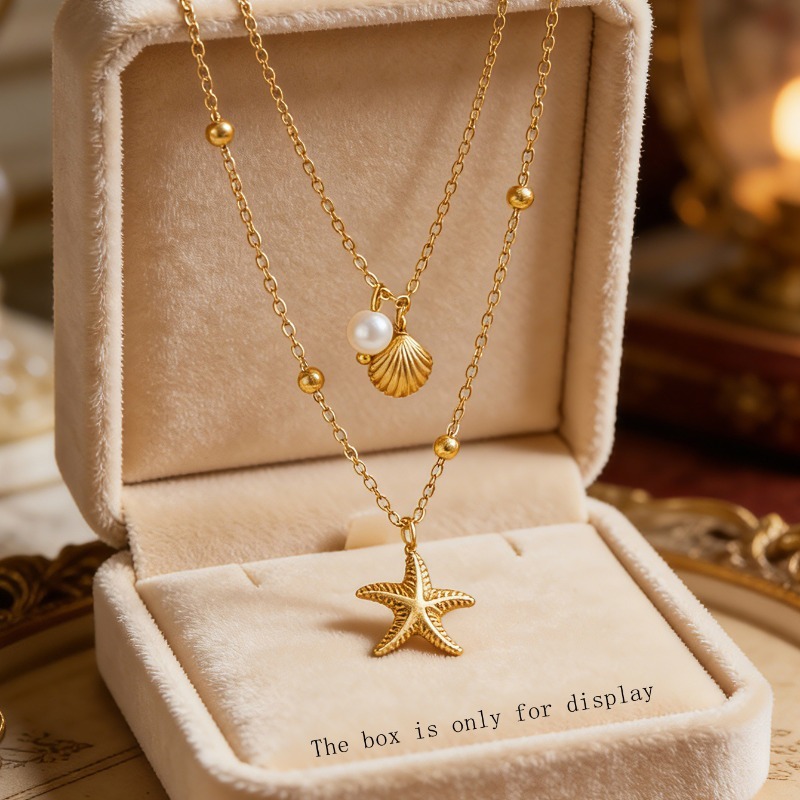 TEMU 1pc Collier Pendentif en Acier Inoxydable avec Design de Perles Rondes Double Couche Étoile de Style Vacances Marine Tendance, Adapté à