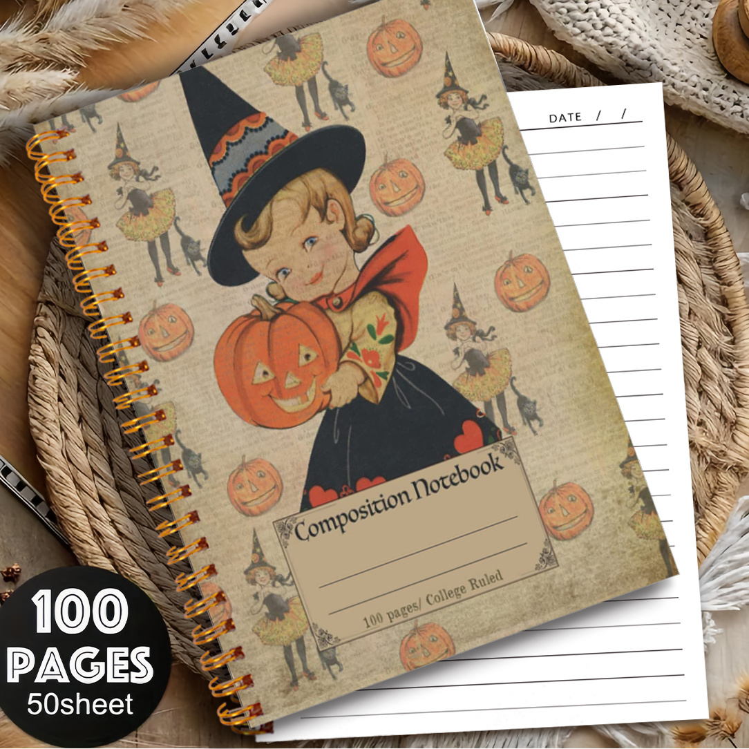 TEMU 1pc 50 feuilles Carnet à spirale Livre de sorts de sorcière - Journal vintage gothique Halloween, Cahier à larges pour notes magiques et