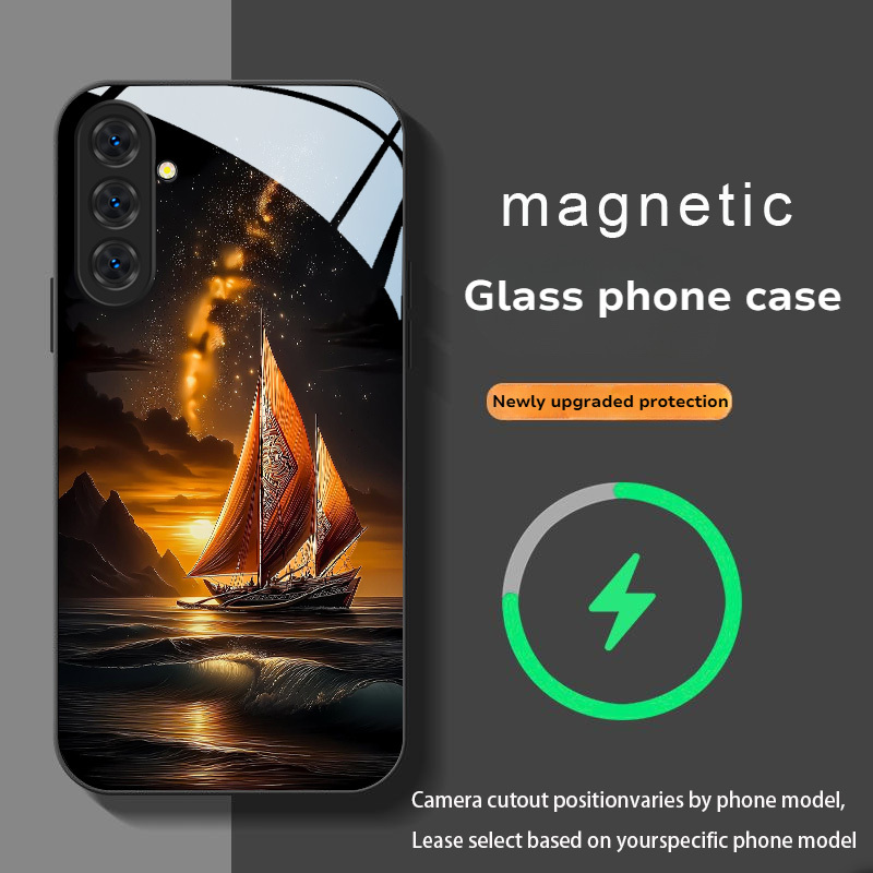TEMU Phone Case - Fashionable High-end Magnetic Tempered Glass Phone Case With Boat Pattern, Suitable For Galaxy Note20/s20/s21/s22/s23/s24/s25/s26