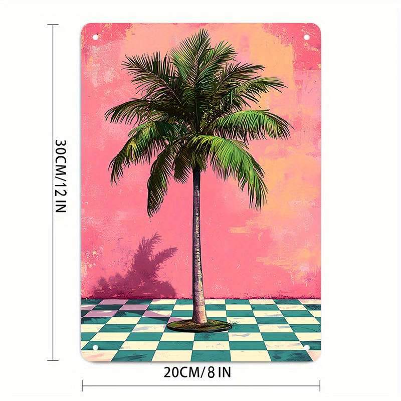 TEMU [2d Flat] [vintage Metal Wall Decor] 1pc Vintage Tree Metal Wall Decor - Pink & Teal Checkerboard Floor, Coastal Tin Sign For Living Room,