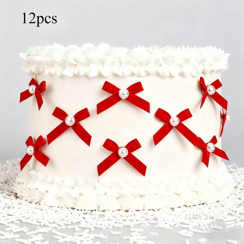 Image of Set Of 12 Red Cake Embellishments, Bows For Birthday Cakes, Wedding Cake , Valentine's Day Decorations, Graduation Celebrations, And Festive Occasions Like Christmas And New Year's