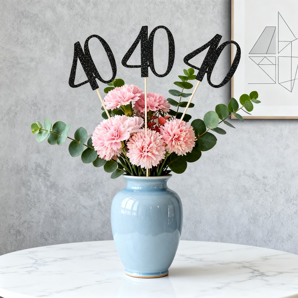 Image of 10-pack Black Glitter 40th Birthday Centerpiece Sticks | Number 40 Table Topper Anniversary Party Decorations, Bamboo Material
