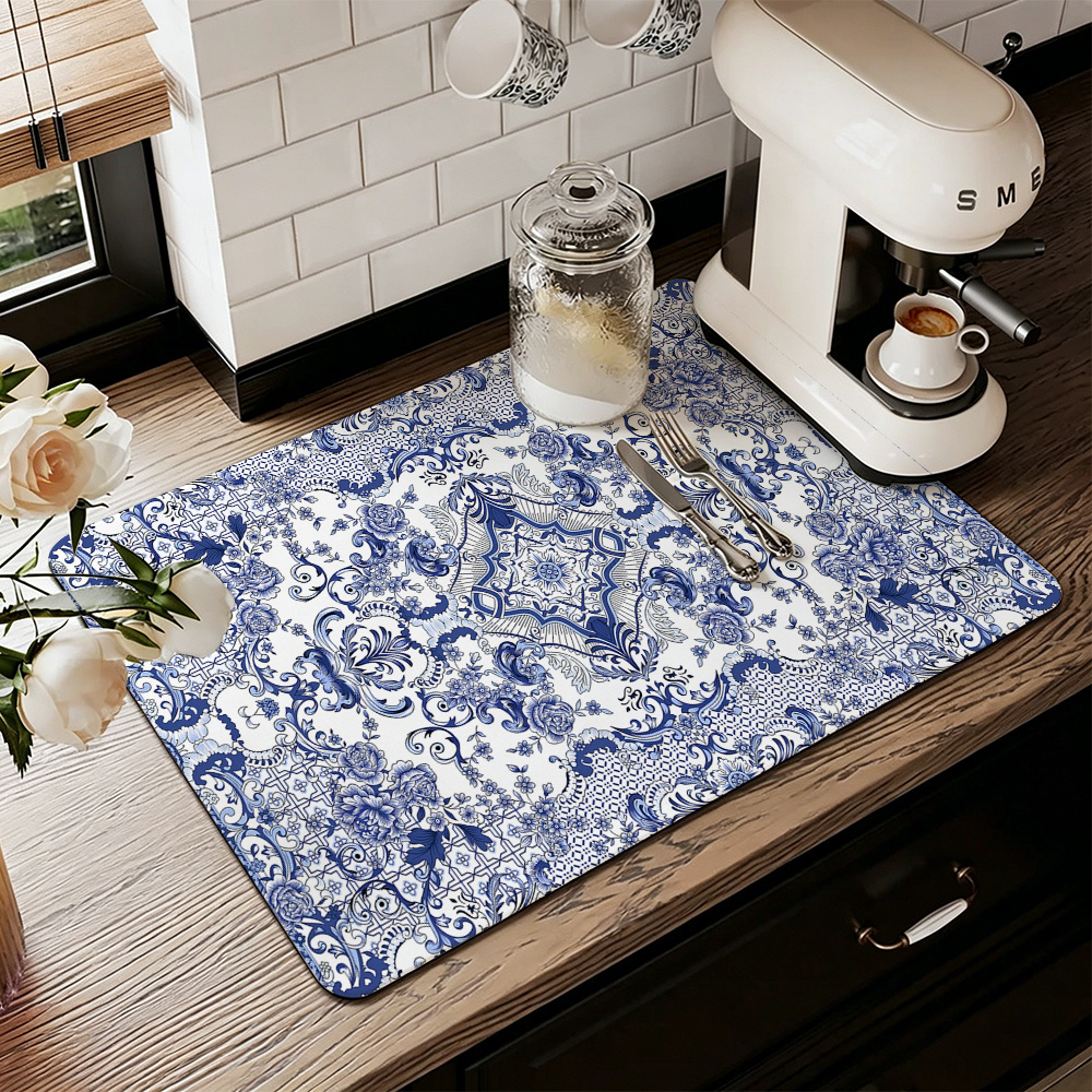 TEMU 1pc, Blue And White Porcelain Pattern Printed Dish Drying Mat/absorbent Placemat, Non-slip Rubber Bottom, Printed With Blue Floral And Geometric