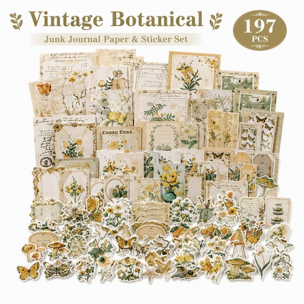 Image of 197pcs Vintage Botanical Journal Paper And Sticker Set, Retro Plant Flower Ephemera Kit For Junk Journal Scrapbooking Collage Craft Decoration
