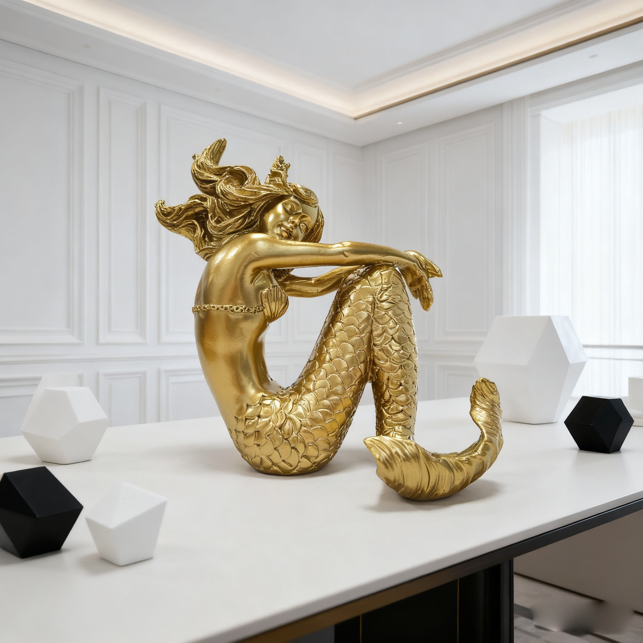 Large Golden Mermaid Ornament, Metallic Texture Resin Decoration