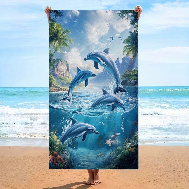 TEMU 1pc Serviette de Plage Tropicaux avec Animale Océanique Animée, Serviette de Bain en Microfibre Douce, Serviette Surdimensionnée Unisexe pour