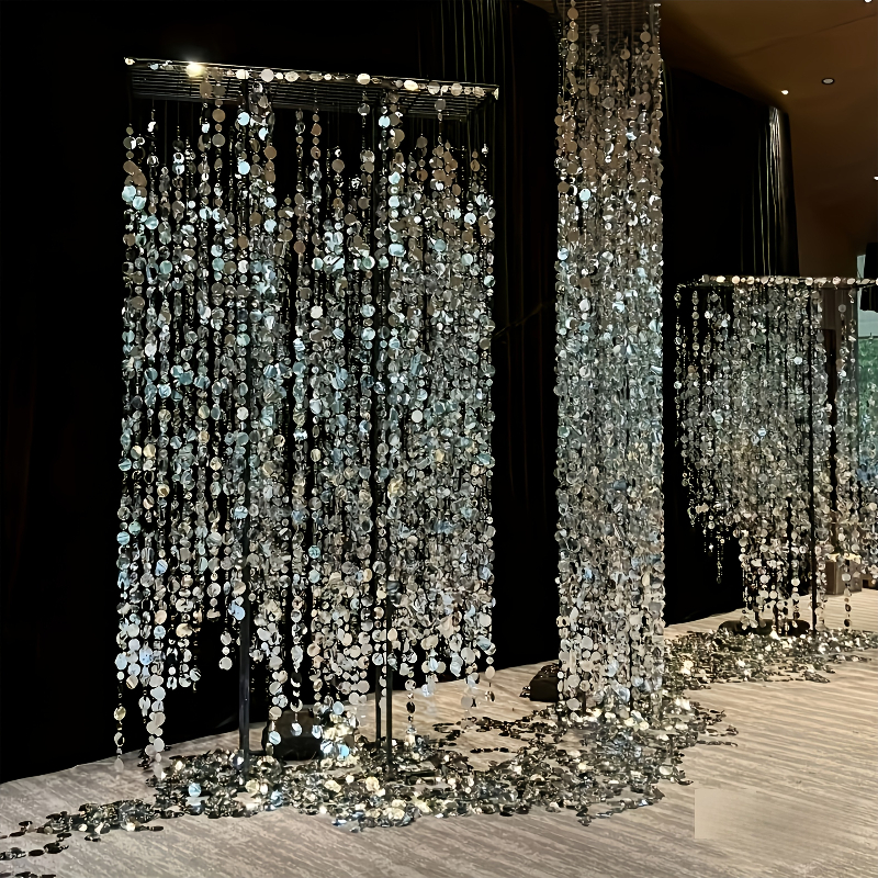 TEMU 15pcs Silver Sequin Streamer Set, Total 15m Sparkling Pvc Round Sequin Hanging String, Shiny Hanging Ornaments, Glitter Wedding Backdrop Decor,