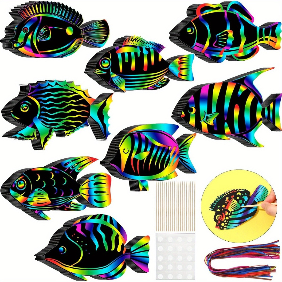 

10pcs Tropical Set - Fish Paper Crafts With Wooden Stylus & Hanging Ribbons For Ocean-themed Party Decorations & Diy Activities