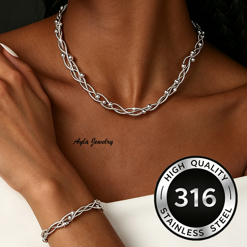 TEMU 2pcs 316l Stainless Steel Twisted Chain Jewelry Set For Women, Cable Chain With Ball Beads Necklace And Adjustable Bracelet, Minimalist Dainty