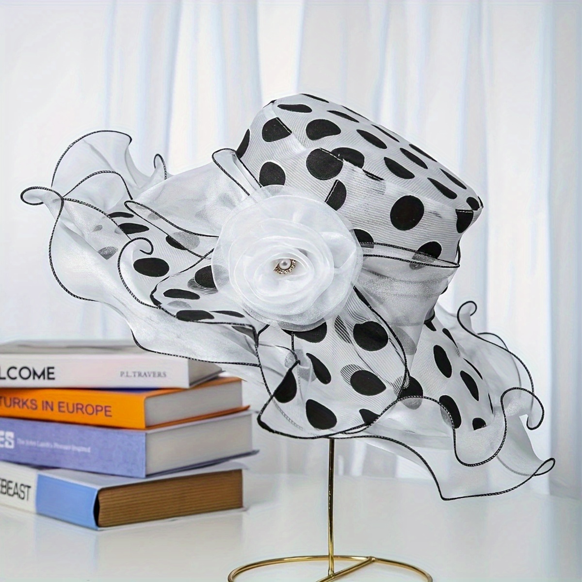 women organza church hats dots print large flower church  display picture 1