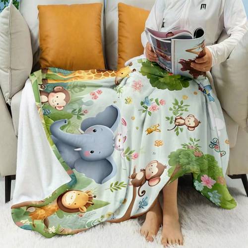 fun cartoon jungle print small throw blanket featuring adorable giraffes monkeys elephants and other animal figures along with plant and floral patterns in multiple sizes comfortable and lightweight
