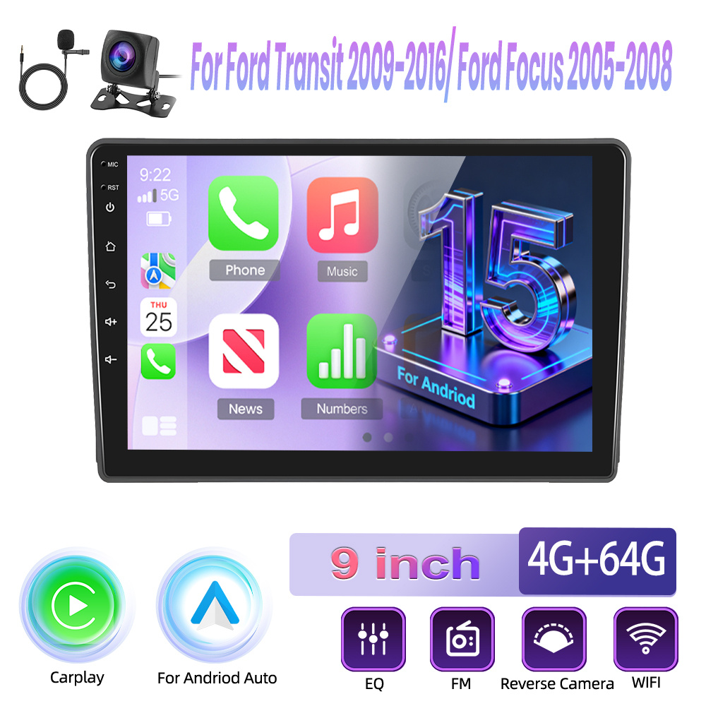 For Ford Transit 2009-2016/ For Ford Focus 2005-2008 For 15 4g+64g Car Radio, Featuring Integrated Canbus And , 9-inch Touch Display, And Built-in Fm/rds, Bluetooth 5.0 + Reversing