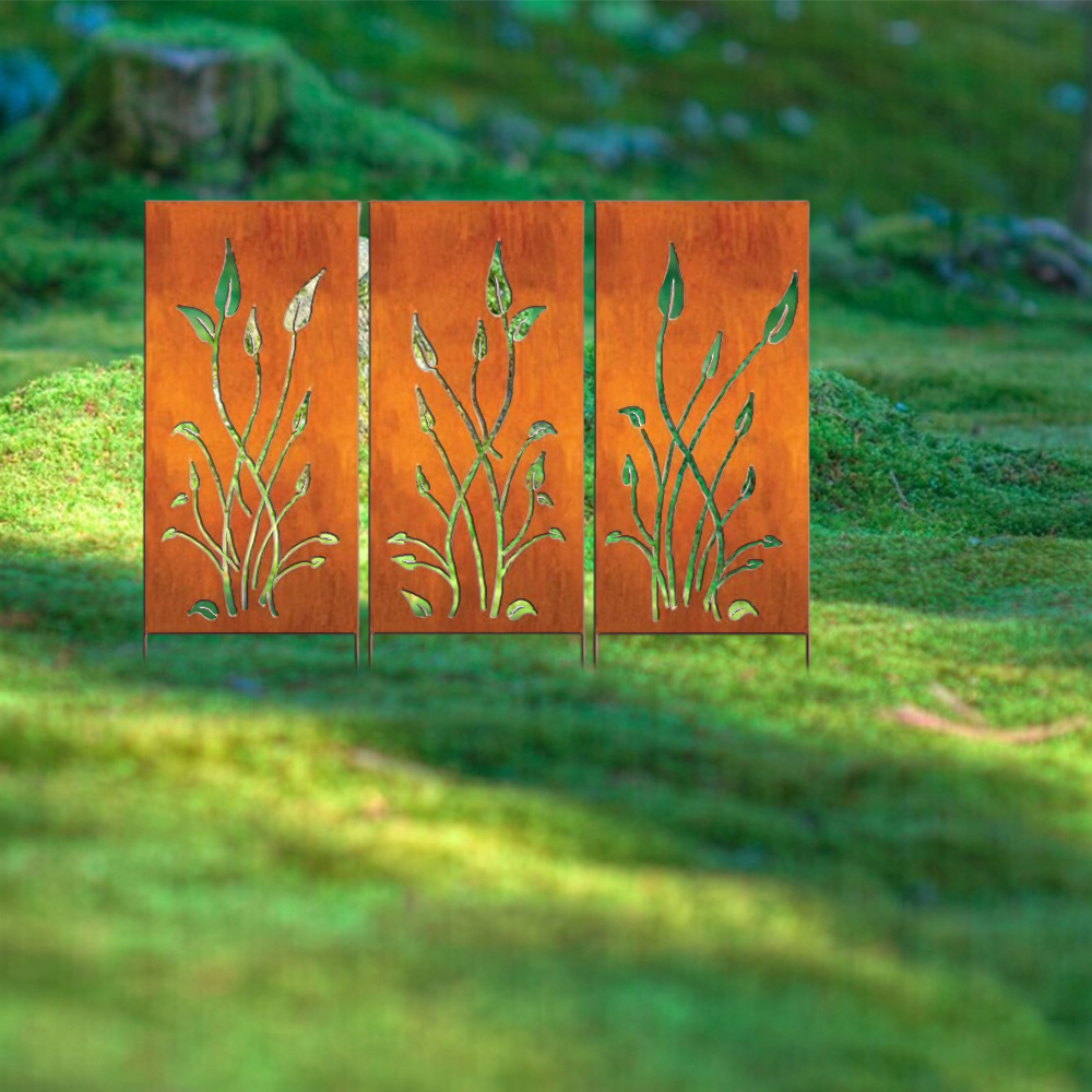 Outdoor Privacy Screen (3pcs Set), Outdoor Metal Wall Decoration, Large Metal Wall Sculpture, Wrought Iron Wall Art, Metal Garden Flowers