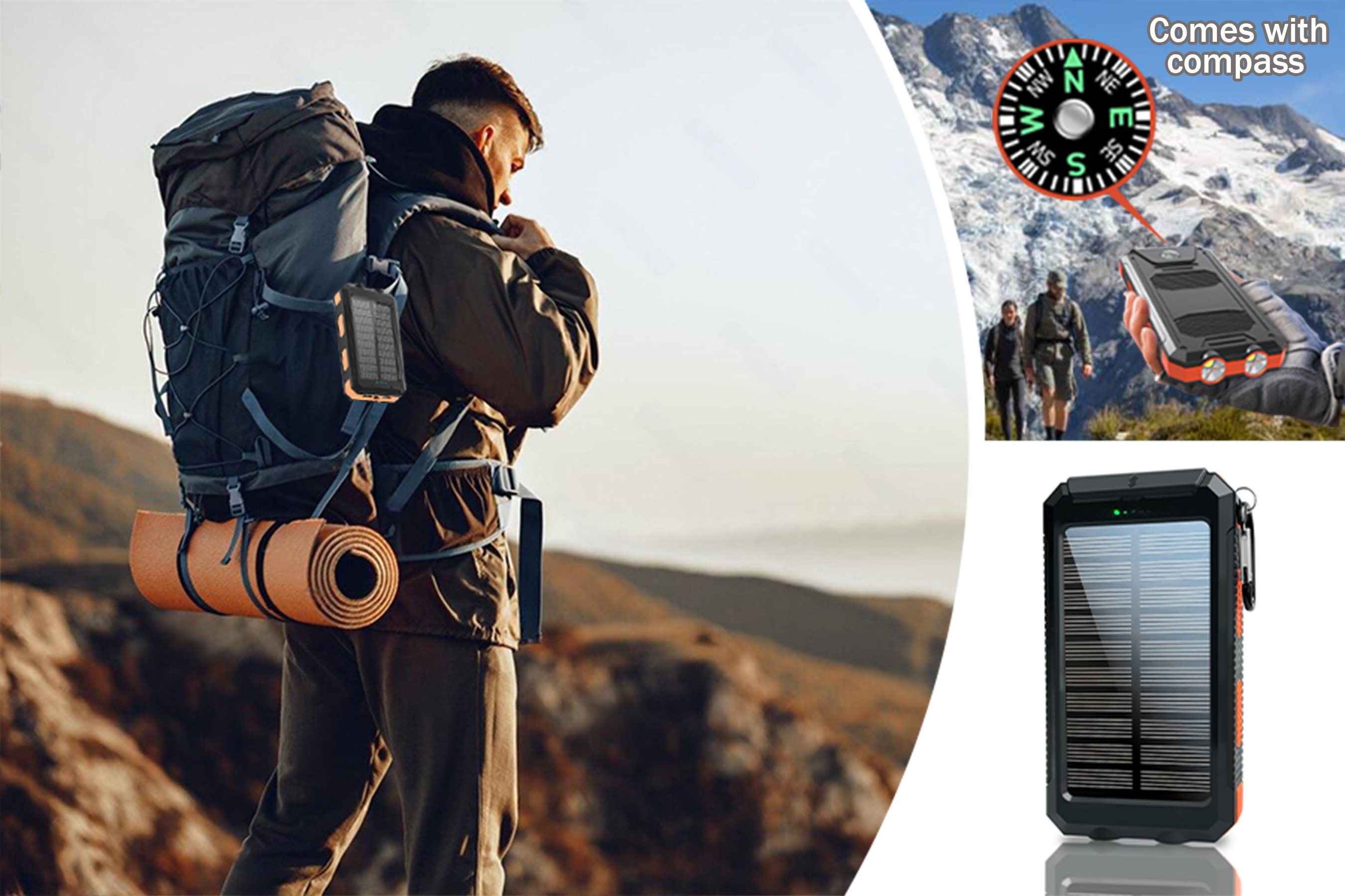10000 20000mah capacity portable charger solar power bank dual 5v usb ports output with led flashlight compass for mobile phones mobile devices travel and camping external backup battery pack   for   Product details 4