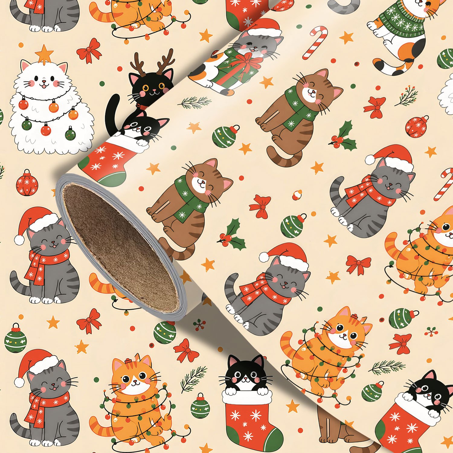 TEMU Funny Christmas Wrapping Paper Roll - Measures 17.7 Inches × 118 Inches, Multicolor Cartoon Cats With Santa Hats Print, Wrapping Xmas Gifts,