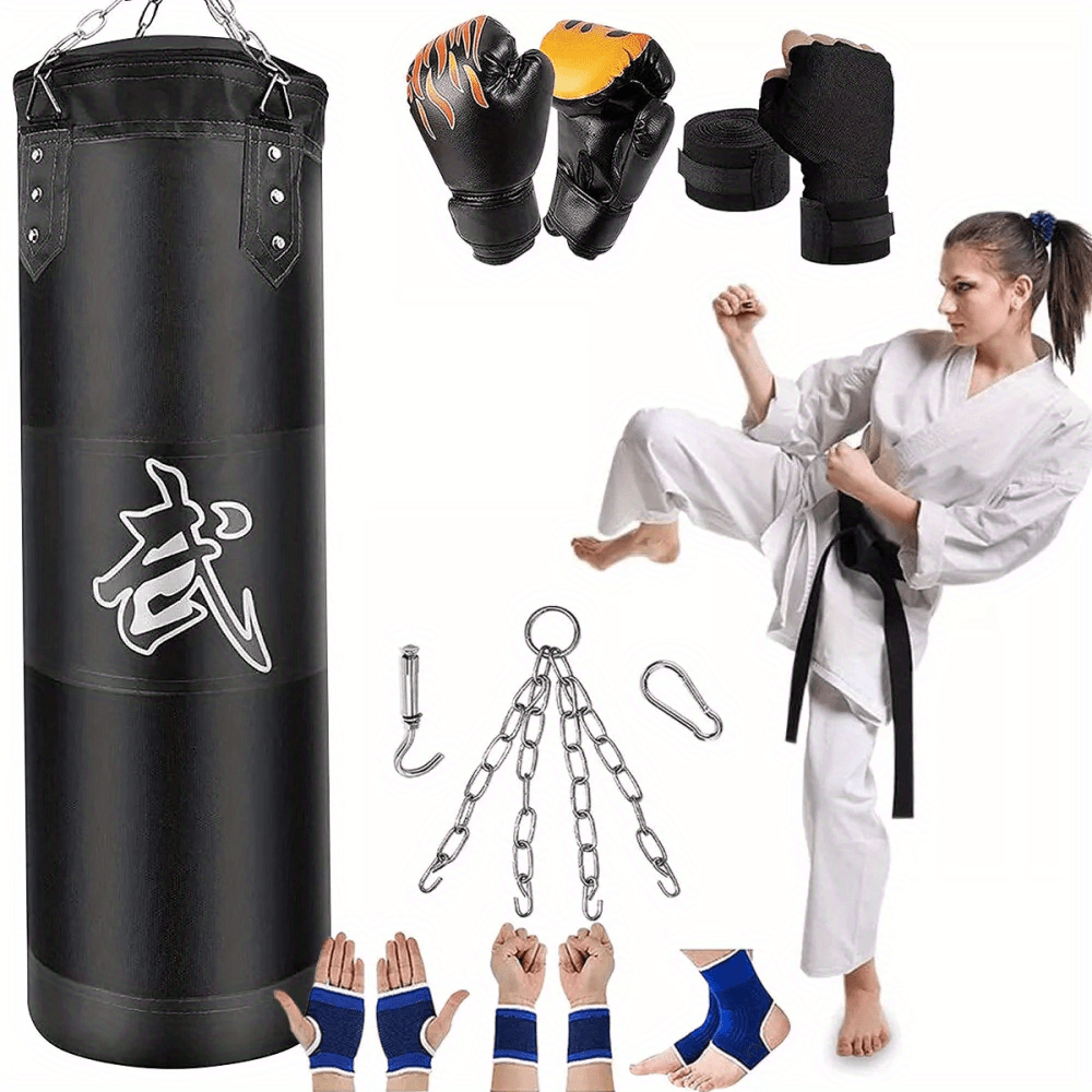 Image of Punching Bag Set With Training Gloves And Wrist Support - 4ft Synthetic Leather, Includes Hanging Chain Sports And Home Exercise