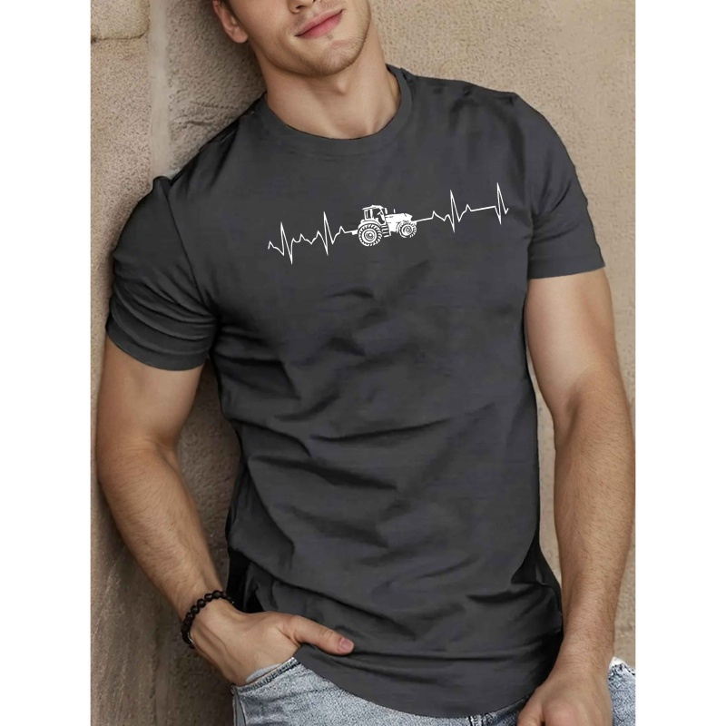 

Men's Casual Crew Neck T-shirt With Tractor Heartbeat Design, 100% Polyester Knit Fabric, Regular Fit, Stretch, Summer Top - 150gsm