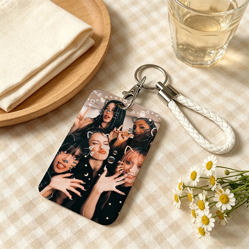 TEMU 1 porta tarjeta de identificación con diseño de foto de , pegatinas de orejas y de gato, llavero trenzado opcional, para diario, compras,