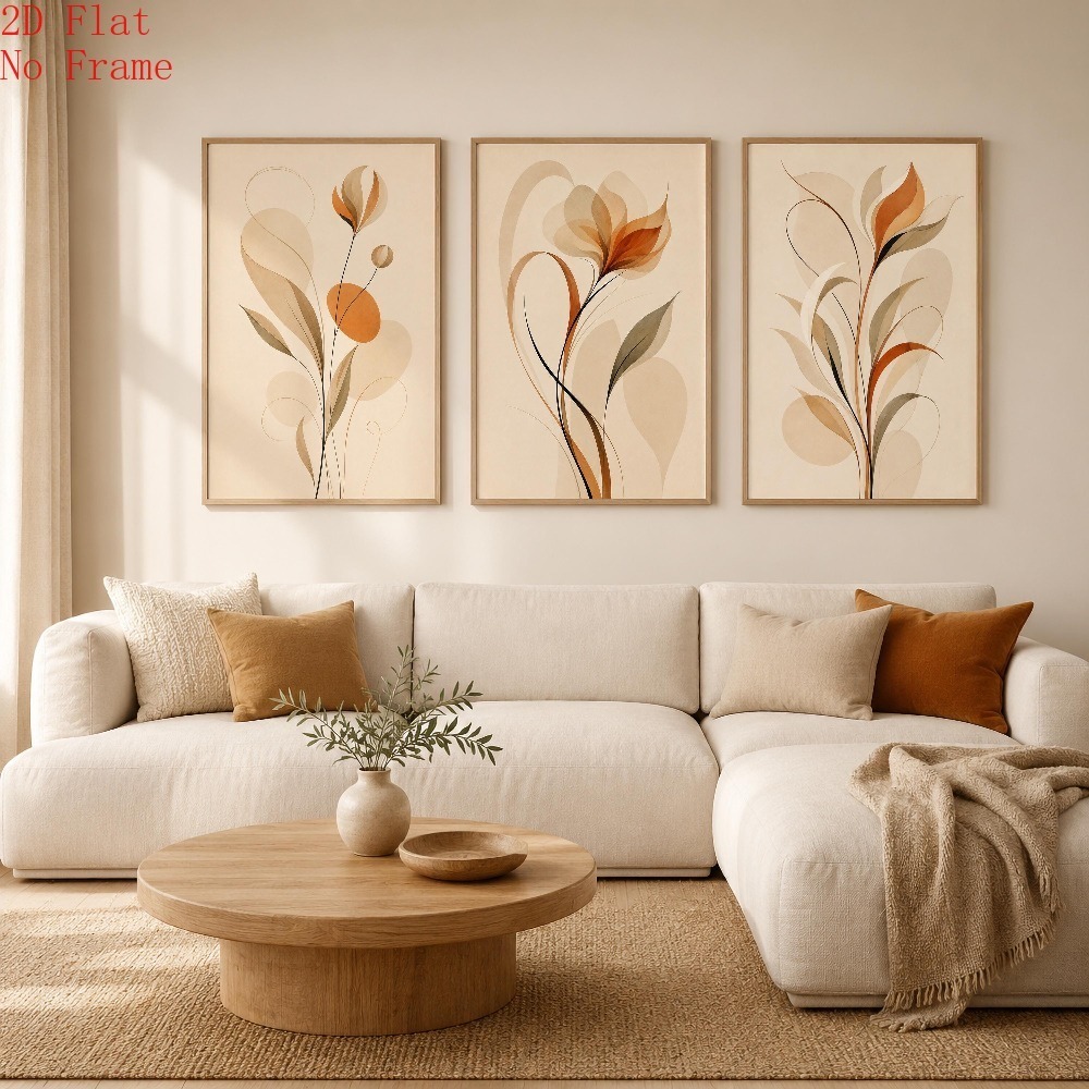 TEMU 2d Flat, Set Of 3 Modern Abstract Botanical Wall Art Prints - Terracotta Beige Suitable For Decor, Minimalist Plant Posters, Neutral Palette For