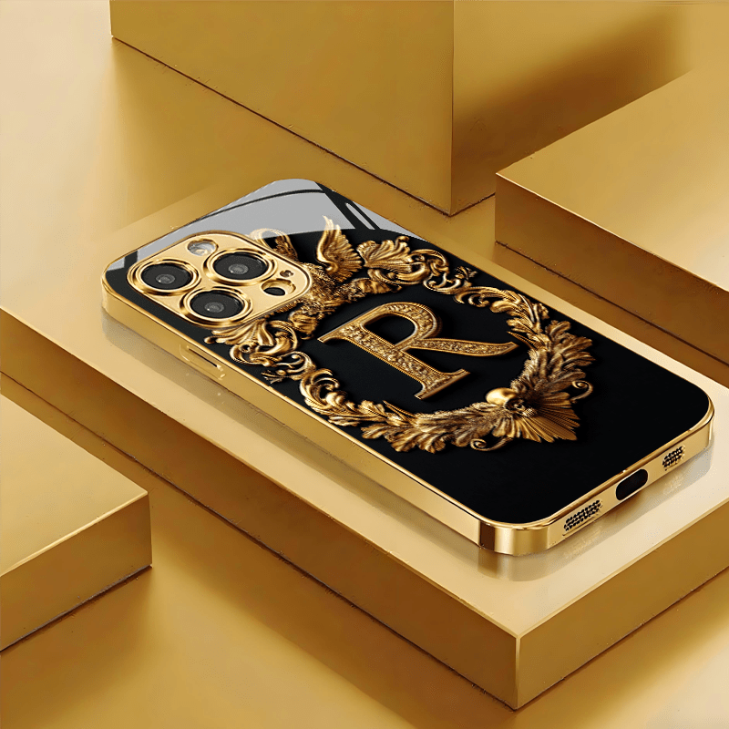 TEMU Phone Case: Vintage Luxurious Letter R Golden Badge Pattern Brand New High Definition Glass Case Compatible With Iphone Models