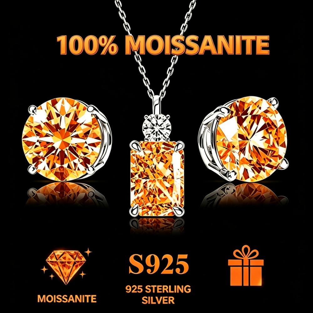 TEMU 2pcs Set Women's Fashion 925 Sterling Silvery Four-prong Earrings Set With Orange Moissanite And Orange Crushed Ice Cut Design 925 Sterling