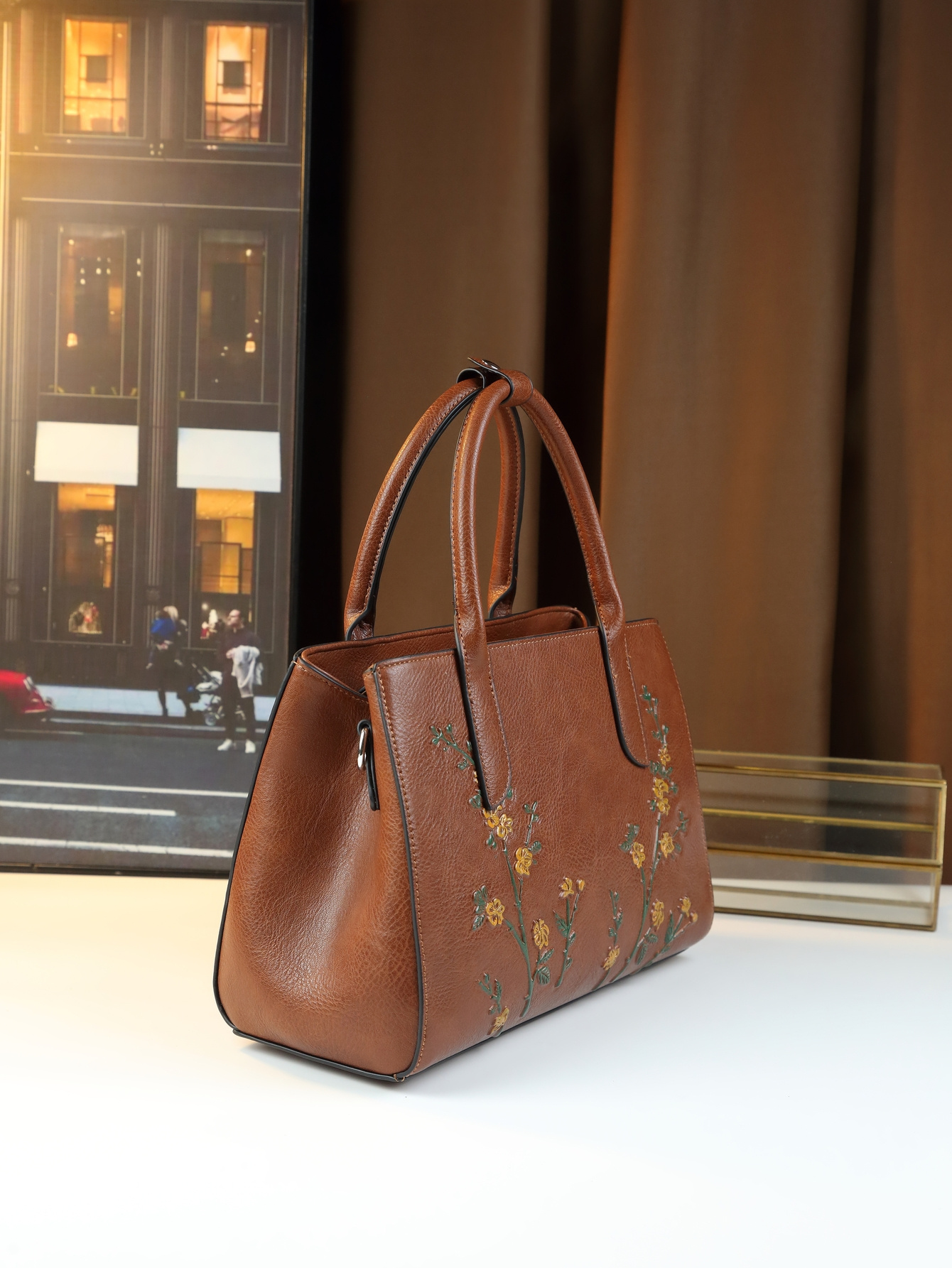 Light Brown Floral Tote bottom view