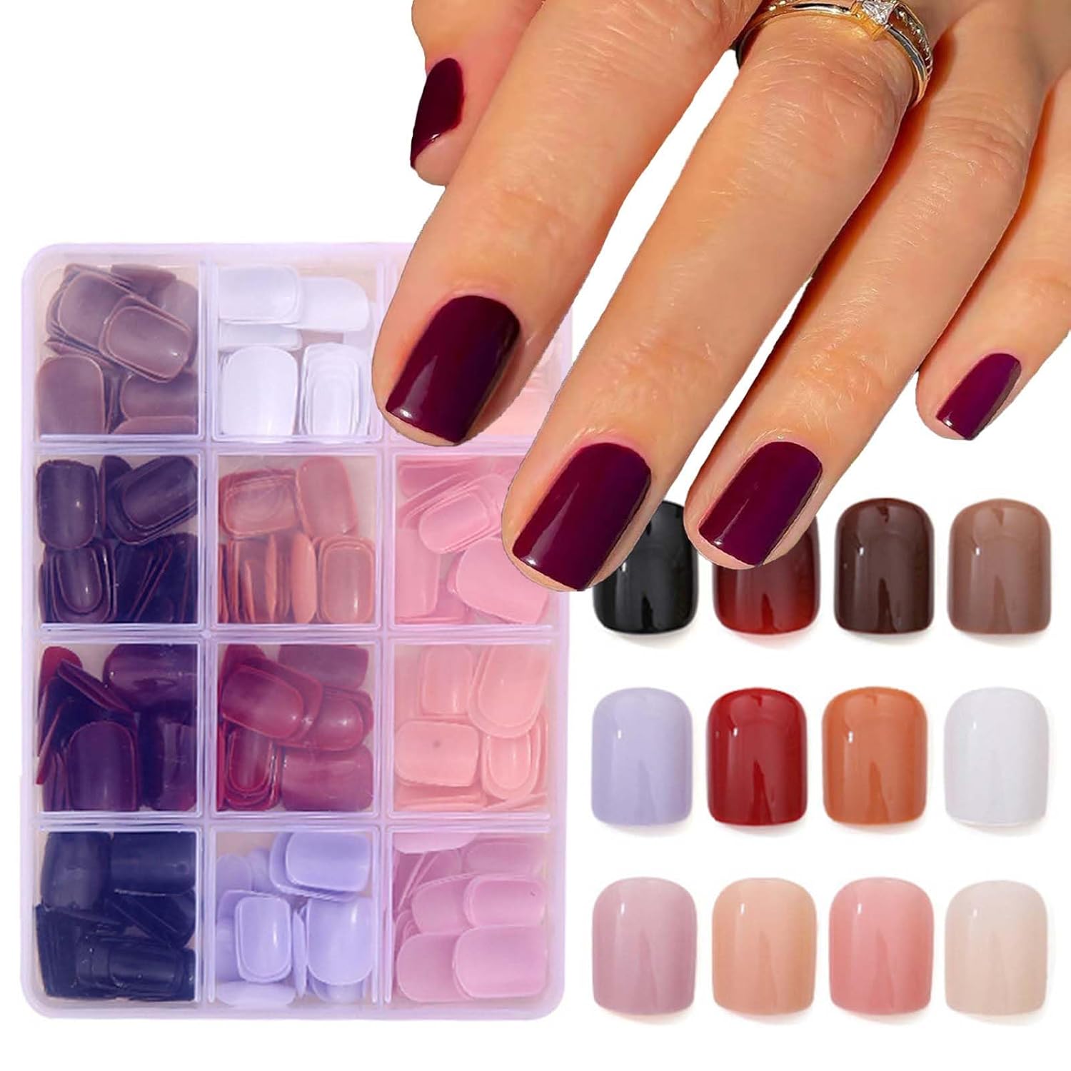 TEMU 12packs 288pcs Square Press On Nails Short Square Fake Nails Glossy Nature False Nail Tips Solid Color Acrylic Nails Press Ons Nail Kit For Women Daily Wear Manicure 12 Colors