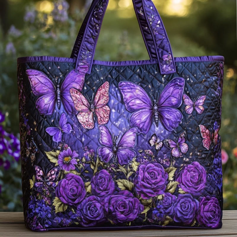 TEMU Women's Quilted Tote Bag, Exquisite Purple Rose Printed Design, Large Capacity Single Shoulder Handbag For Dual Use, Casual And Versatile