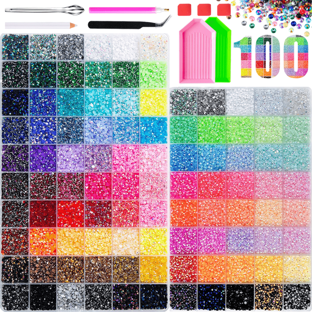 TEMU 100 Grilles de Strass Plat sur le Dos avec Stylo de Recueil, Plateau de Kit de Brillance et Pince à Épiler, Pierres de Cristal Multicolores pour