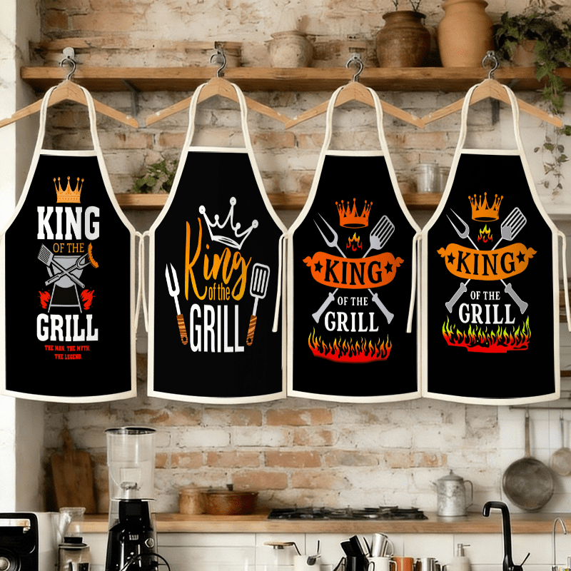 TEMU 4pcs Set "king Of Bbq" Aprons, 20.47x28.34 Inch Holiday Decorative Aprons, Special Decoration For Outdoor Camping And Barbecues, Kitchen Aprons,