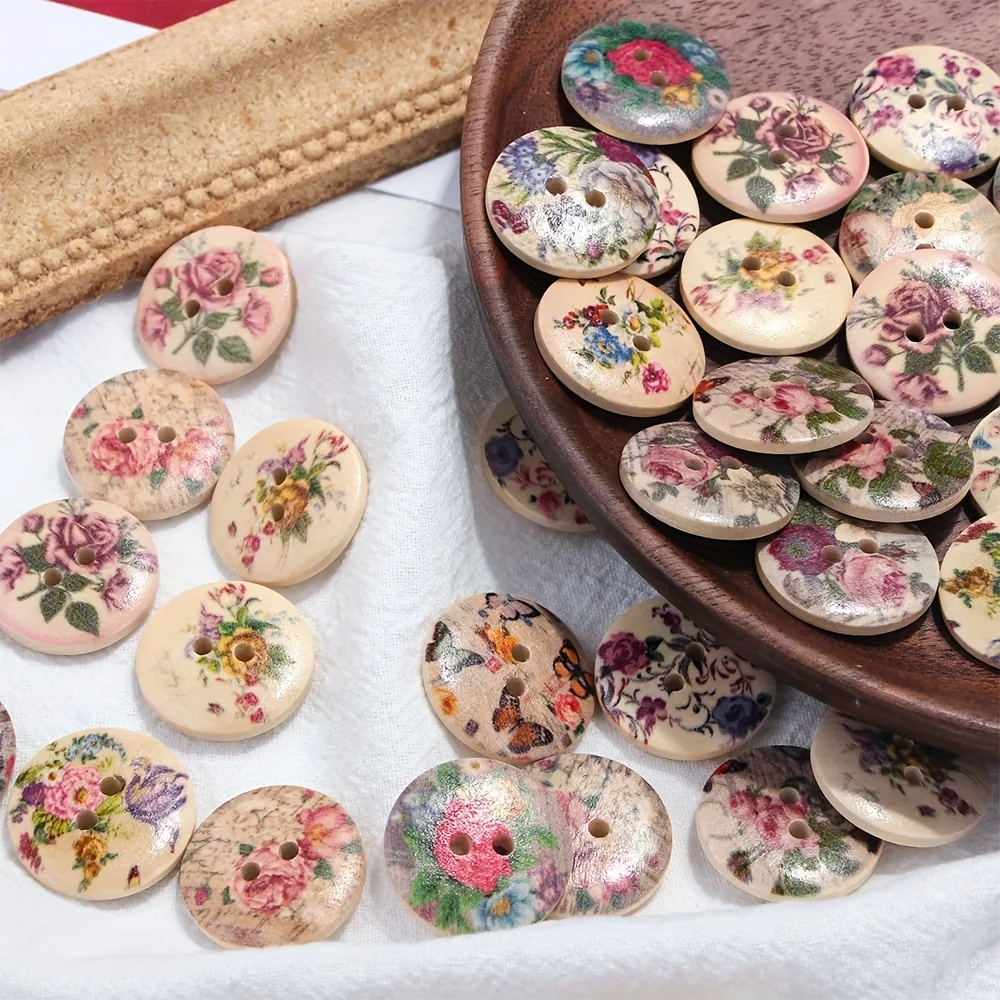 

60pcs Vintage Style Floral Wooden Buttons, 20mm Craft Sewing Buttons For Diy Projects, Mixed Crafting Supplies