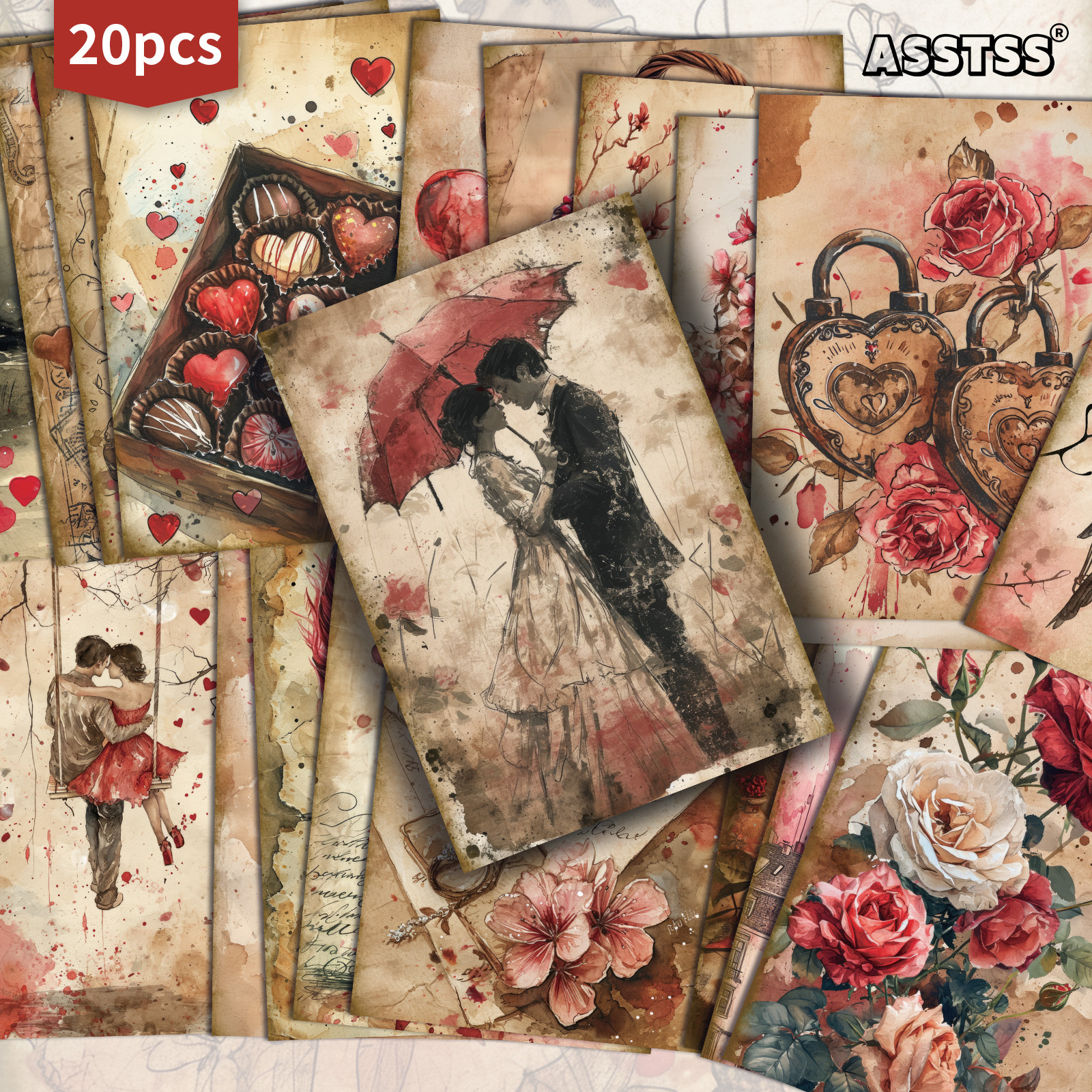 TEMU 20-pack Asstss Watercolor Valentine's Day Couple, Heart, Rose Gift Cards | 4x6 Inches Retro Junk Journal Paper, Classic Pinup Illustrations,