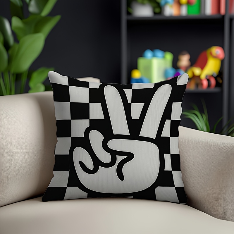 TEMU Double-sided 1pc 2d Black And White Checkered Square Pillowcase With Peace Sign Design, Soft Plush Polyester, Perfect For Holidays, Parties, And