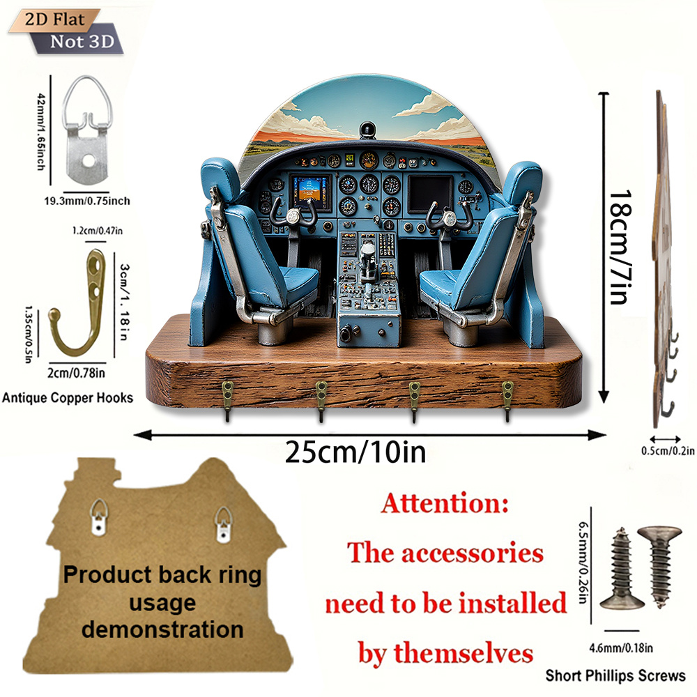 1   2d   detaljni model kokpita   s vintage dizajnom i realističnim interijerom, drvena višenamjenska dekorativna polica za ključeve s četiri metalne kuke, zidna dekoracija, dekoracija sobe, cjelogodišnji ukras za dom (10*7 inča), 2d  