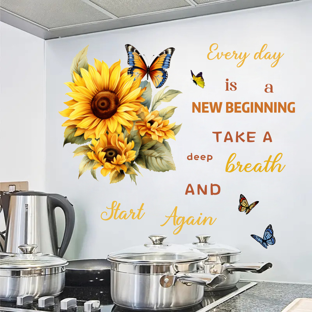 TEMU 2pcs Self-adhesive Waterproof Sunflower & Vinyl Stickers Compatible For Home/outdoor - Removable Positive Quotes Decals With " Day" Slogan, Wall