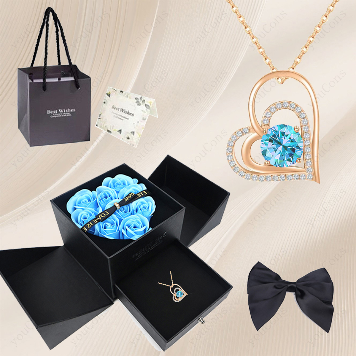 TEMU Luxuriöse hellblaue synthetische Zirkonia Herz Anhänger Glücksbringer Halskette mit schwarzer Muschel Rose Doppel-Tür Geschenkbox und Grußkarte,