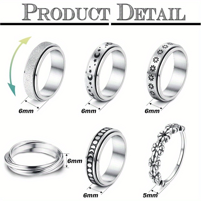stainless steel fidget anxiety ring for women men fidget spinner rings moon star celtic stress relieving spinning ring wedding band rings set46  fidget spinner calming jewelry focus aid tool minimalist jewelry   ring smooth spinning design     fidget jewelry   tool   Product details 1