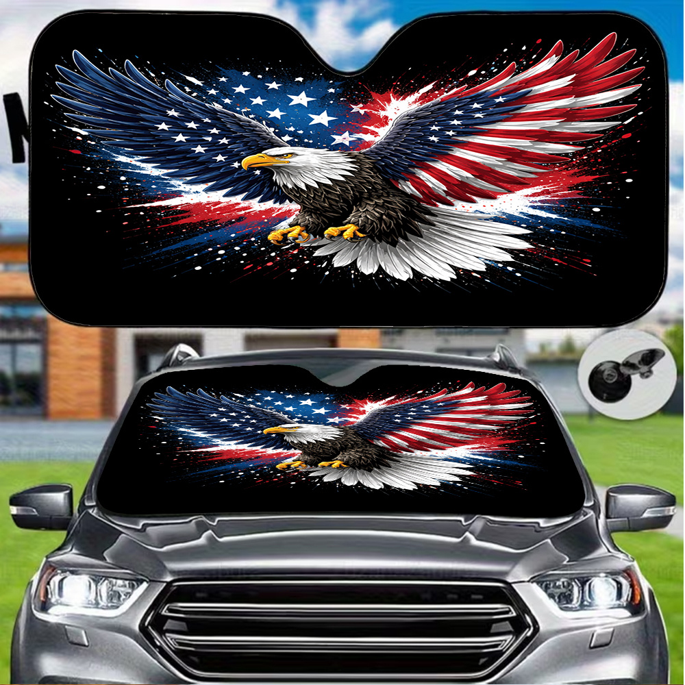 TEMU 1pc American Flag Bald Eagle Print Windproof And Sunshade, Uv Protection To Keep Your Car Cool, Foldable For Accessory, Featuring Elastic Straps
