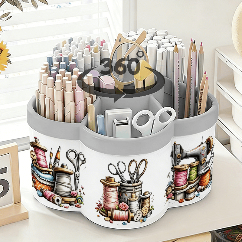 TEMU Rotatable Pen Holder And Cosmetic Organizer | Sewing Tools And Spools Illustration Stickers - 360Â° Rotating Convenient Desktop Storage Box |