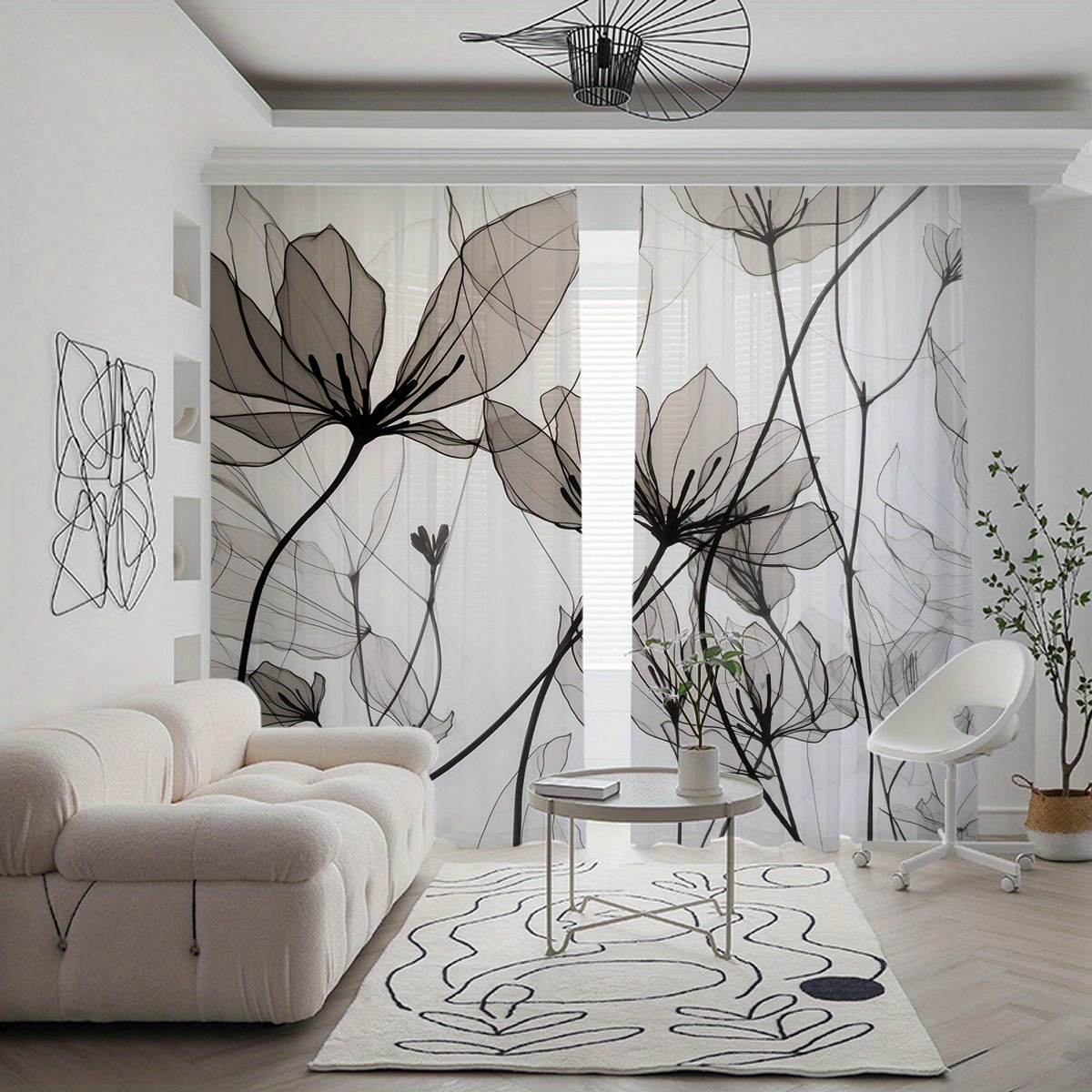 TEMU Lot de 2 rideaux voilages de décoration d'intérieur, écrans de fenêtre semi-transparents imprimés de style d'encre, traitements de fenêtre et