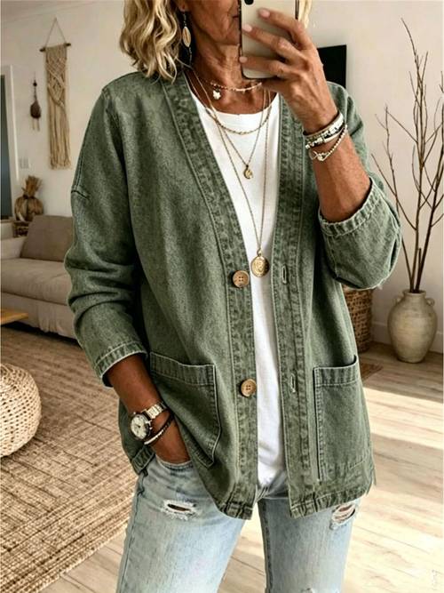 item picture womens denim jacket deep v neck button front long sleeve dual side pockets loose fit casual outer coat fall outfits for women
