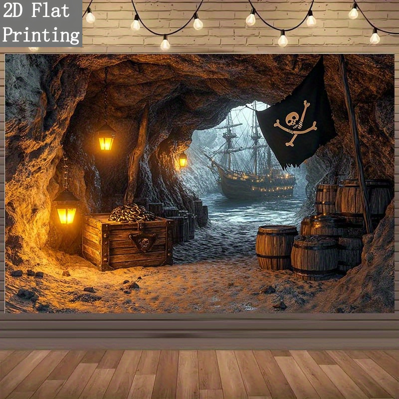 TEMU Photography Backdrop 1pc 2d Flat Pirate-themed Backdrop Featuring Elements Like A Ship, Cave, Barrels, And A - Polyester Photography Background